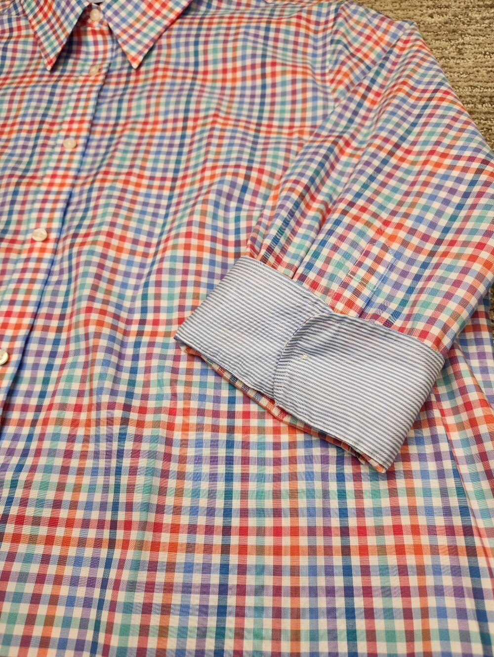 Chaps 3/4 Sleeve Poplin Button Down Womens 2X Plus Pastel Gingham Plaid No Iron - Picture 2 of 7